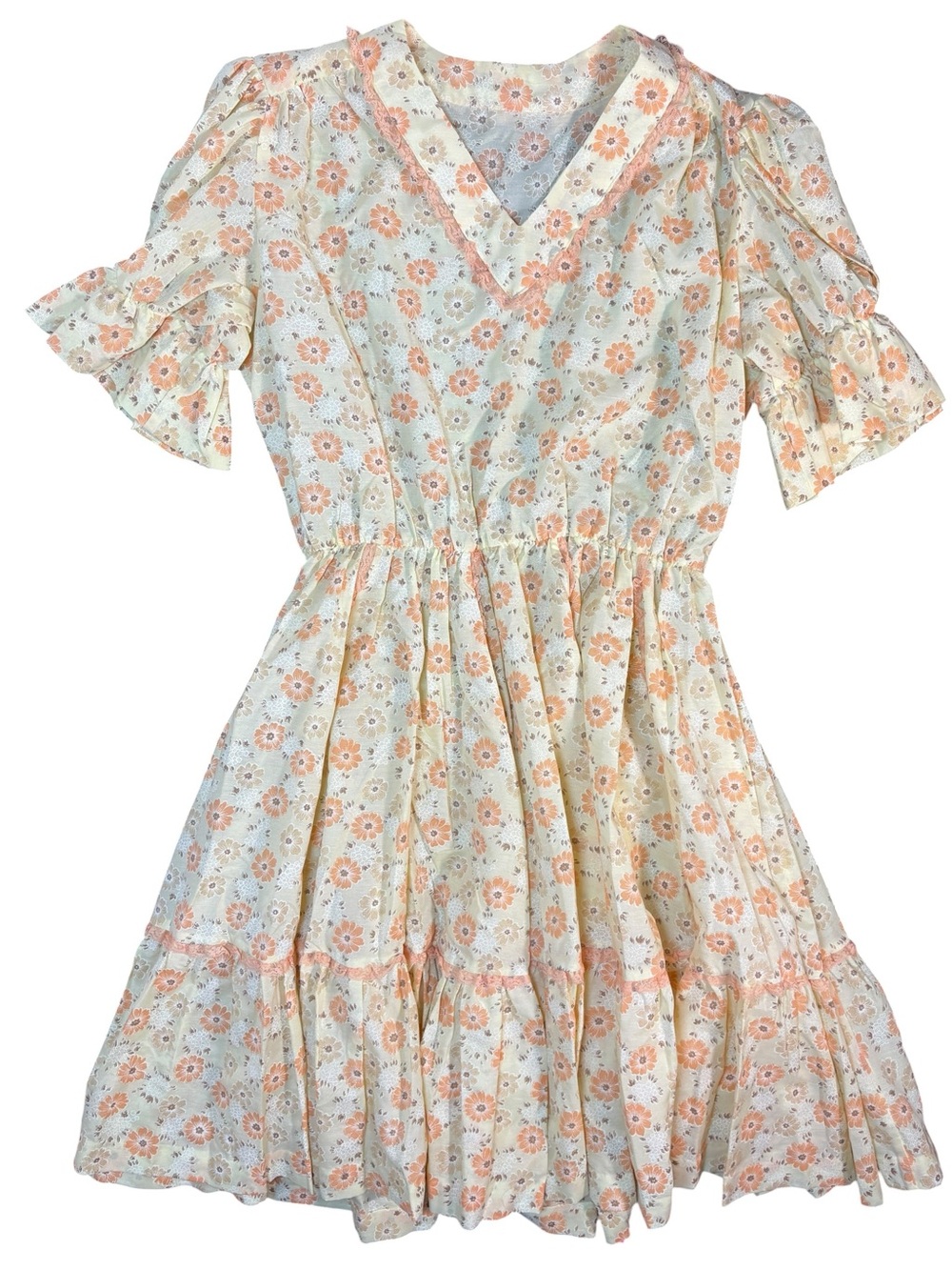 Vintage Cottagecore Floral Prairie Dress Ruffle Sleeves Elastic Waist